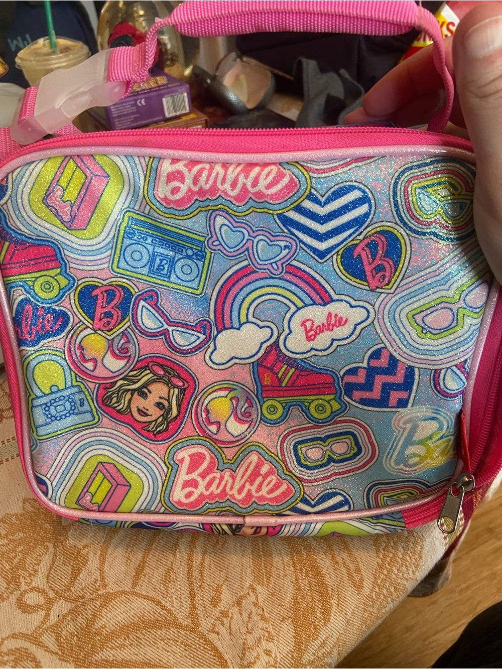 Barbie Pink Glitter Multi-Icon Kids Lunch Bag Name inside